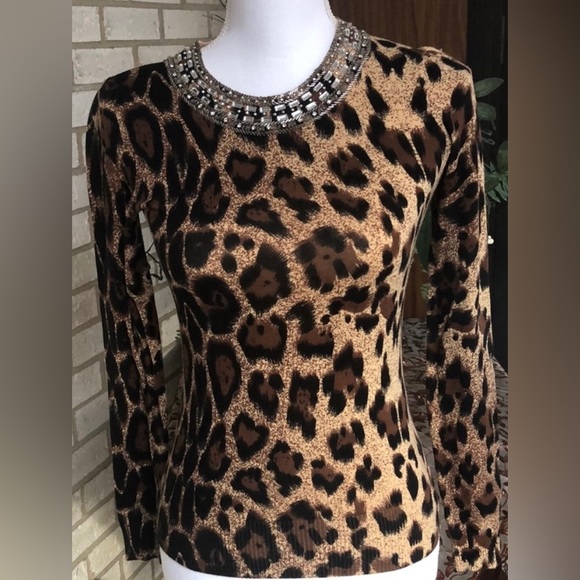 INC International Concepts Sweaters - INC size S leopard sweater with embellished neckline